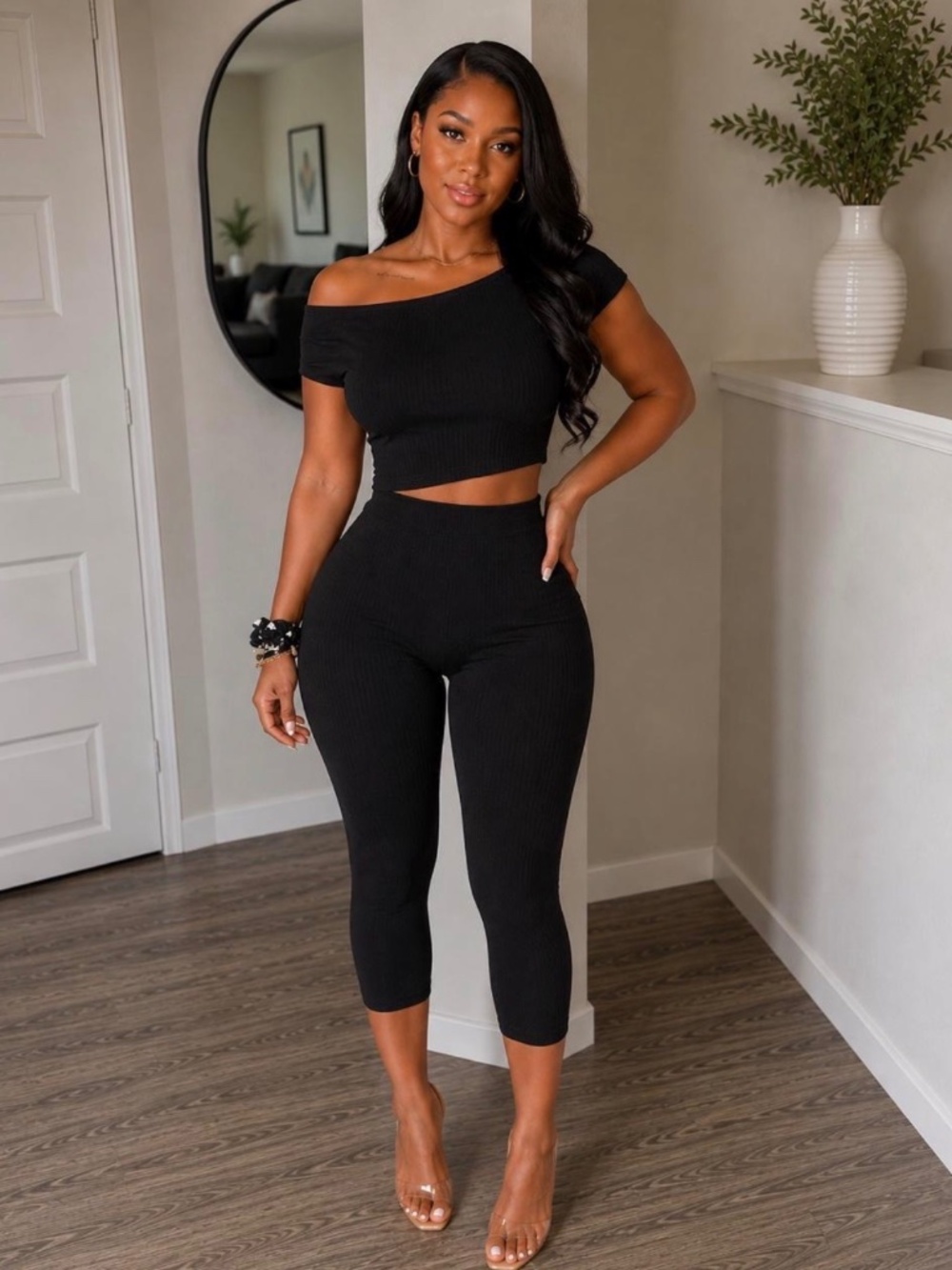 Black off the shoulder capri set
